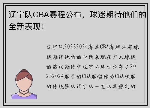 辽宁队CBA赛程公布，球迷期待他们的全新表现！